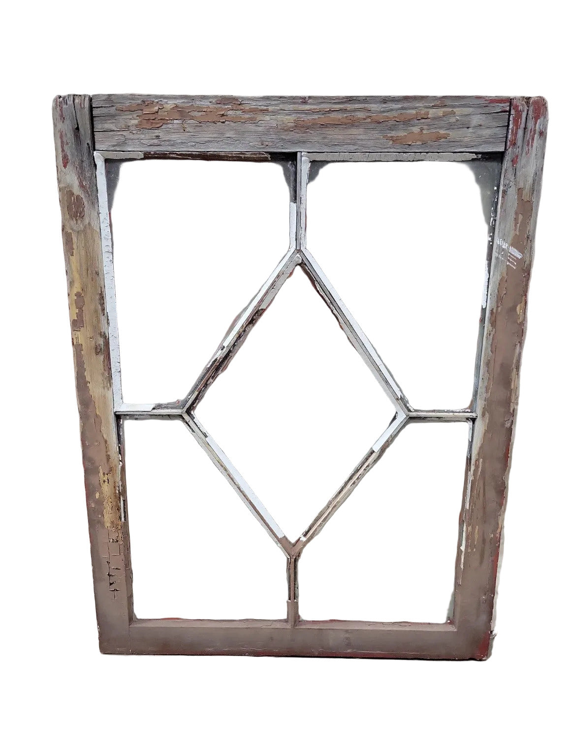 Vintage Diamond Mullion Wood Window – Peeling White Paint