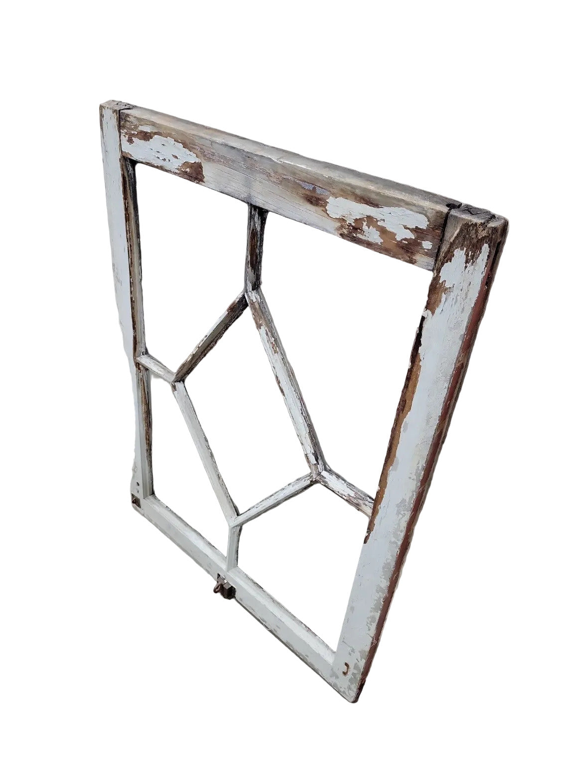 Vintage Diamond Mullion Wood Window – Peeling White Paint