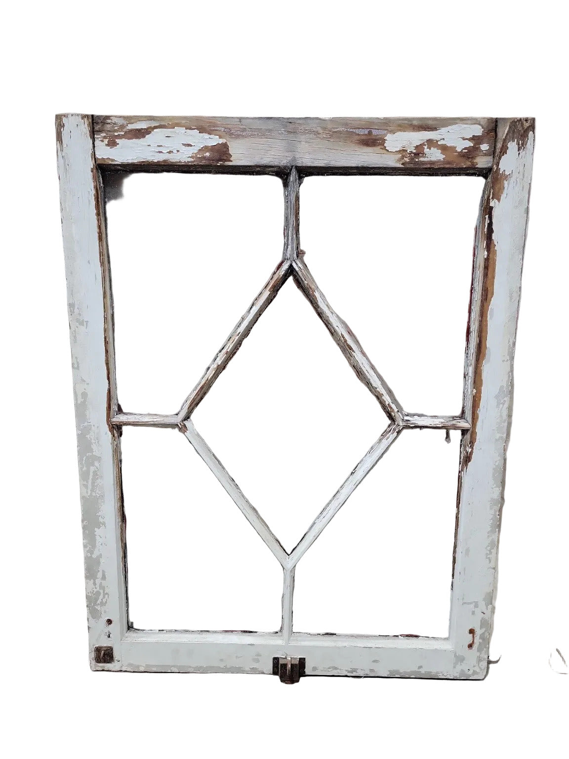Vintage Diamond Mullion Wood Window – Peeling White Paint