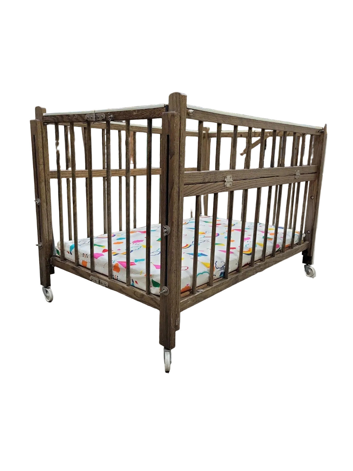 Vintage Folding “Port-a-Crib” Rolling Baby Crib – Wood & Metal Frame
