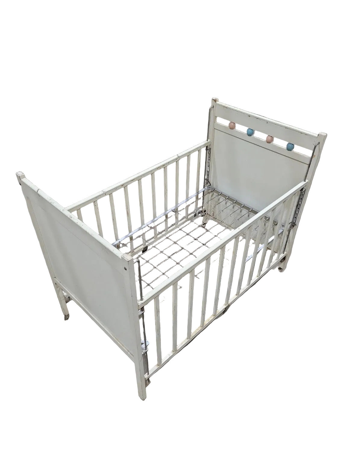 Vintage Metal Baby Crib with Bunny Decal – White Paint & Casters