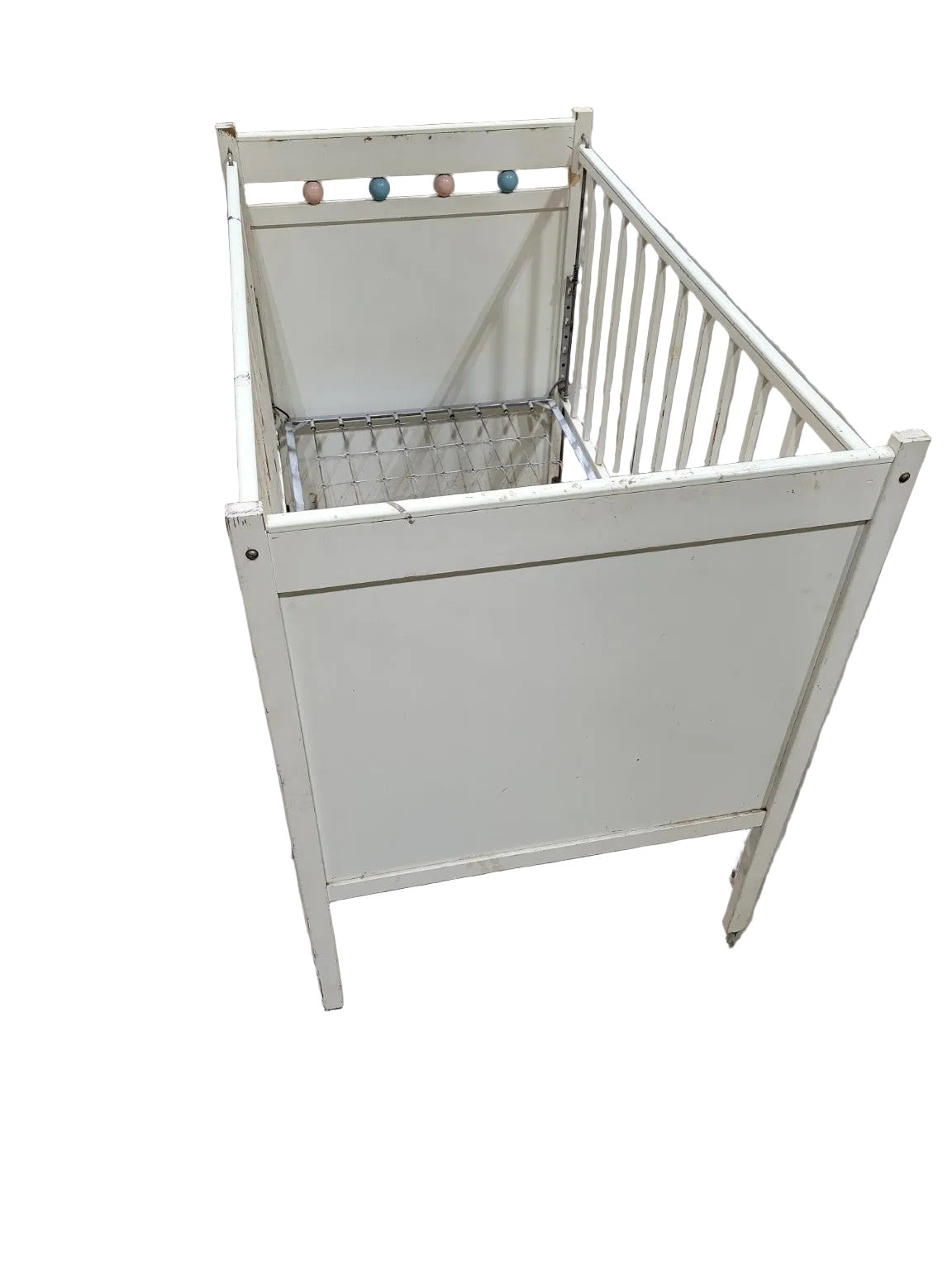 Vintage Metal Baby Crib with Bunny Decal – White Paint & Casters
