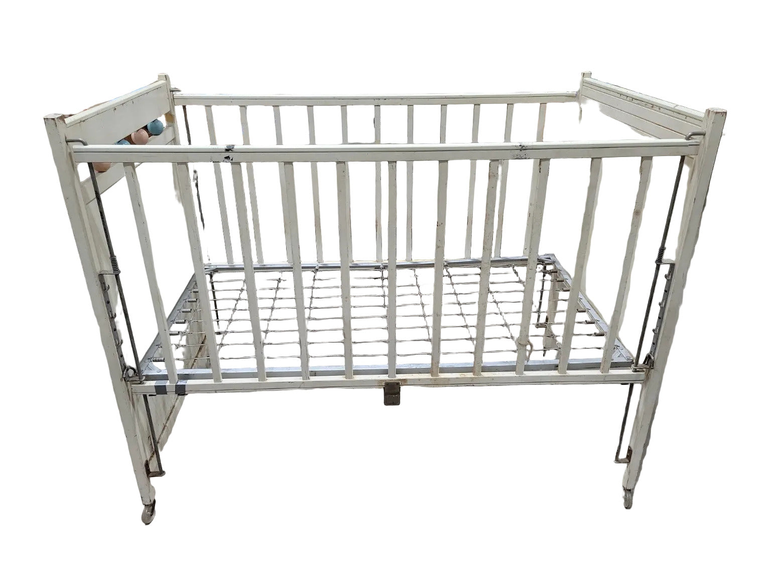 Vintage Metal Baby Crib with Bunny Decal – White Paint & Casters