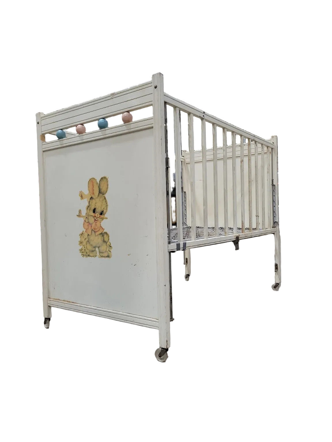 Vintage Metal Baby Crib with Bunny Decal – White Paint & Casters