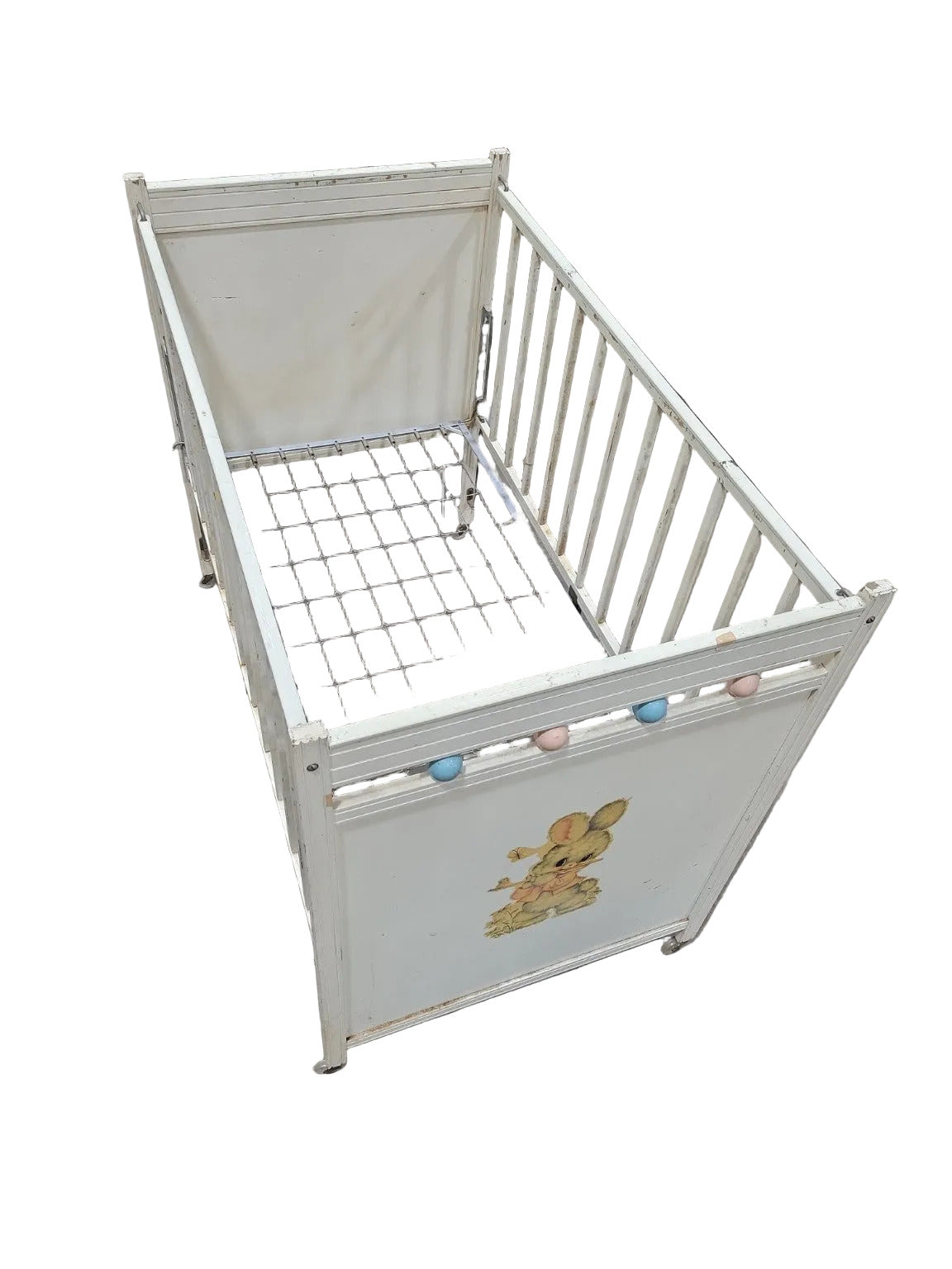 Vintage Metal Baby Crib with Bunny Decal – White Paint & Casters