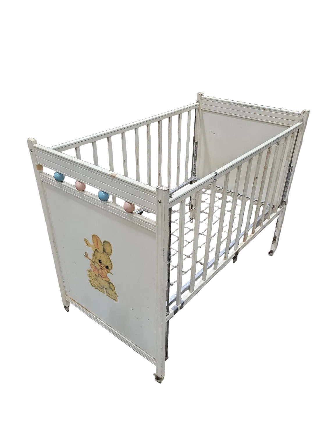 Vintage Metal Baby Crib with Bunny Decal – White Paint & Casters