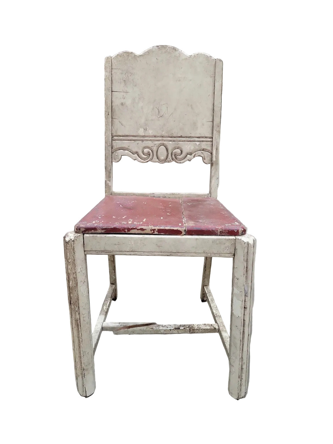 Rustic Hand-Painted Wood Chair with Carved Back Panel