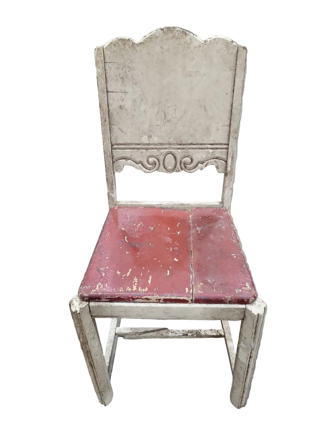 Rustic Hand-Painted Wood Chair with Carved Back Panel
