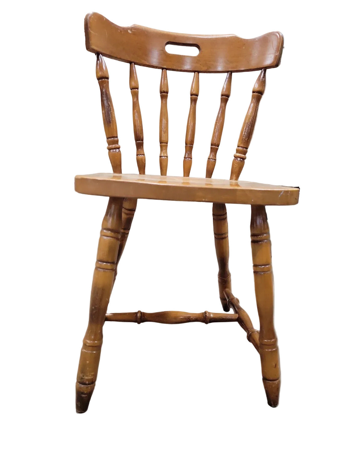 Vintage Maple Wood Spindle Back Chair – Turned Legs & Cutout Crest