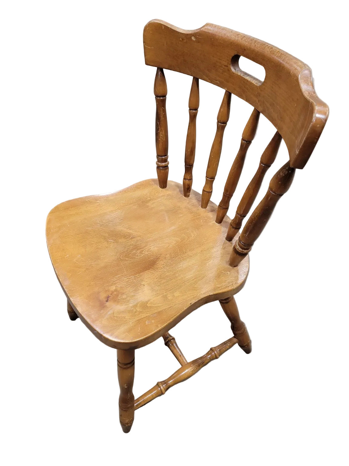 Vintage Maple Wood Spindle Back Chair – Turned Legs & Cutout Crest