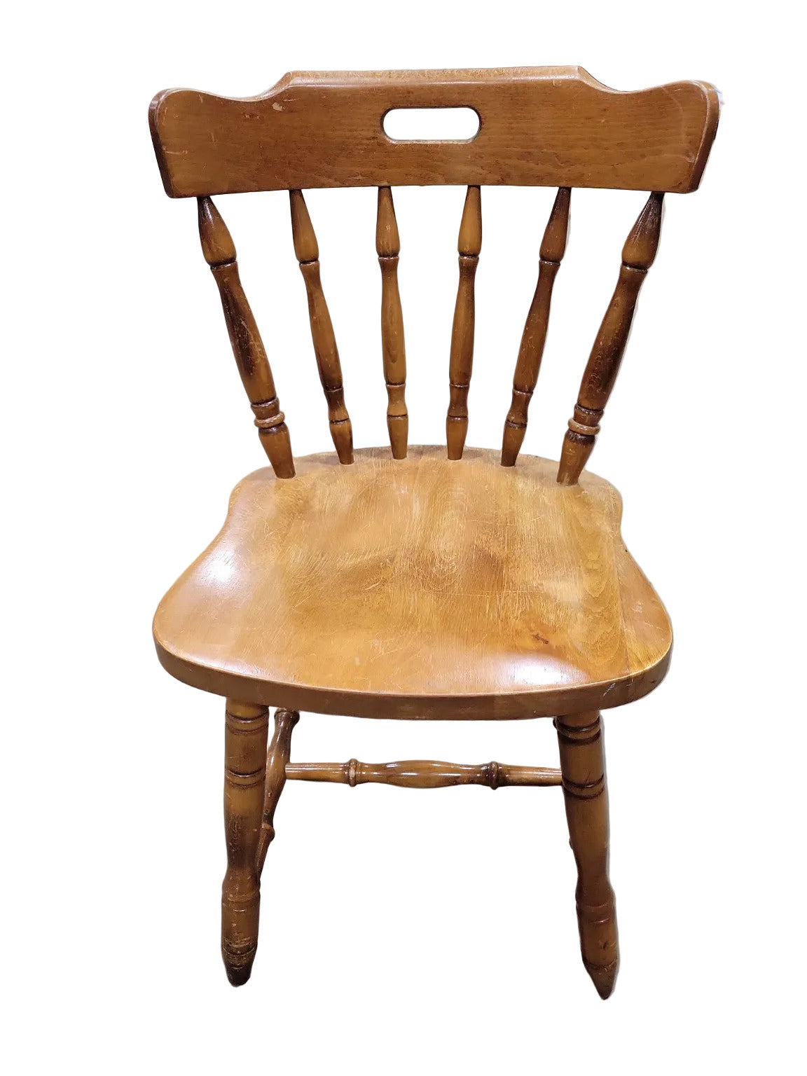 Vintage Maple Wood Spindle Back Chair – Turned Legs & Cutout Crest