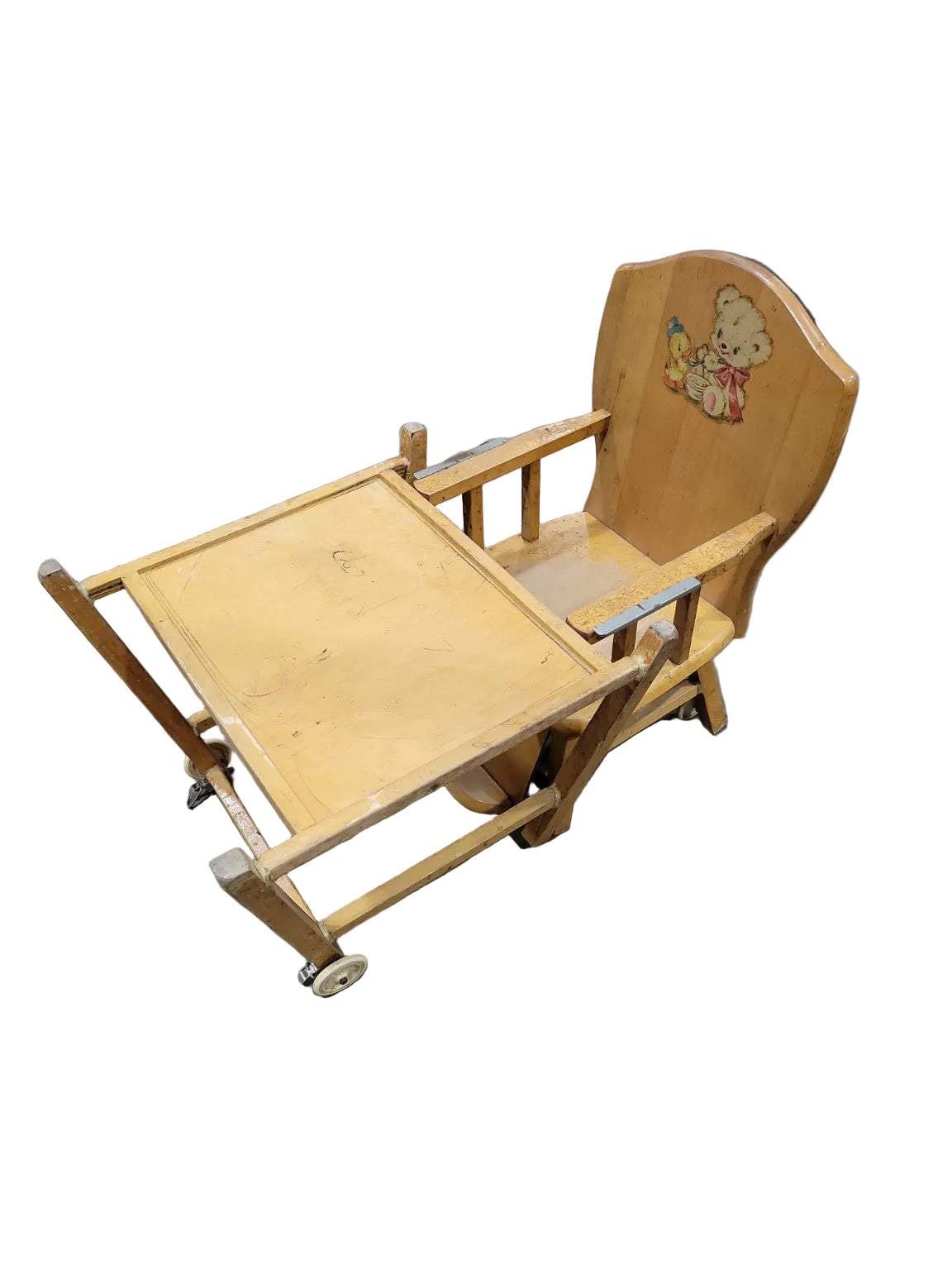 Vintage Wooden Child’s High Chair with Rolling Tray – Petersime Hi-Chair