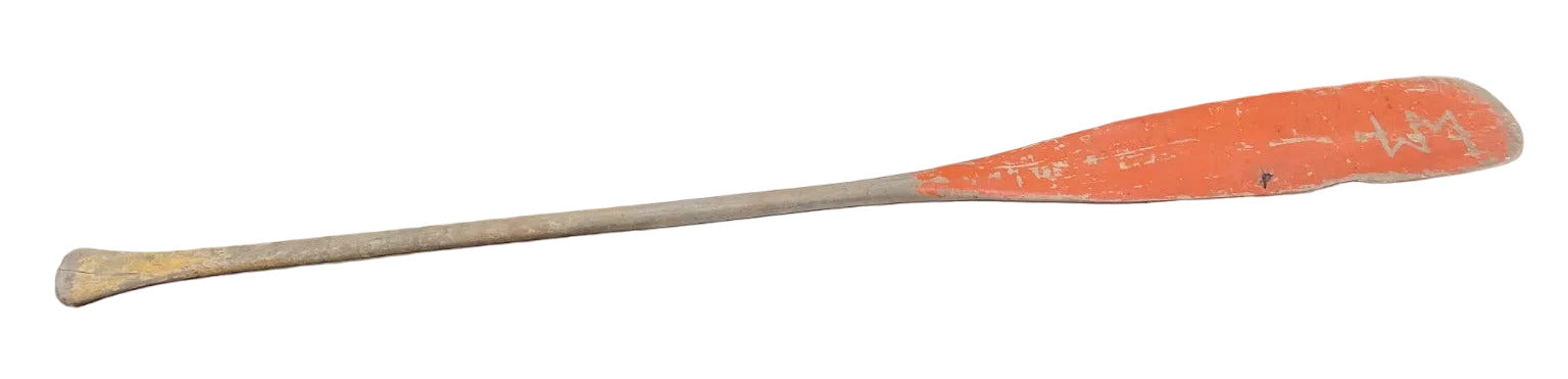 Vintage Wooden Canoe Paddle with Orange Blade – Rustic Nautical Decor