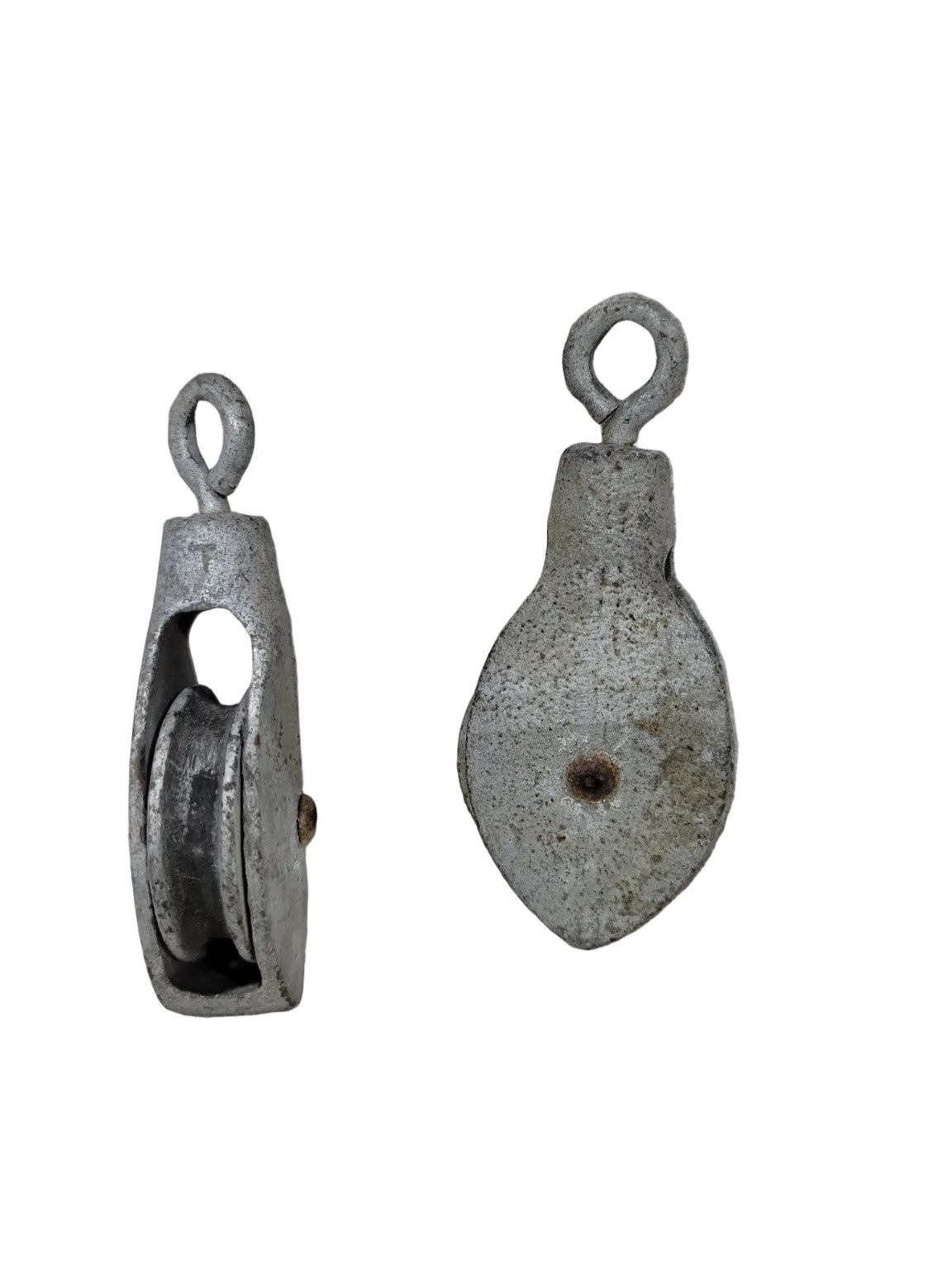 Vintage Galvanized Metal Single-Sheave Pulleys — Set of 2