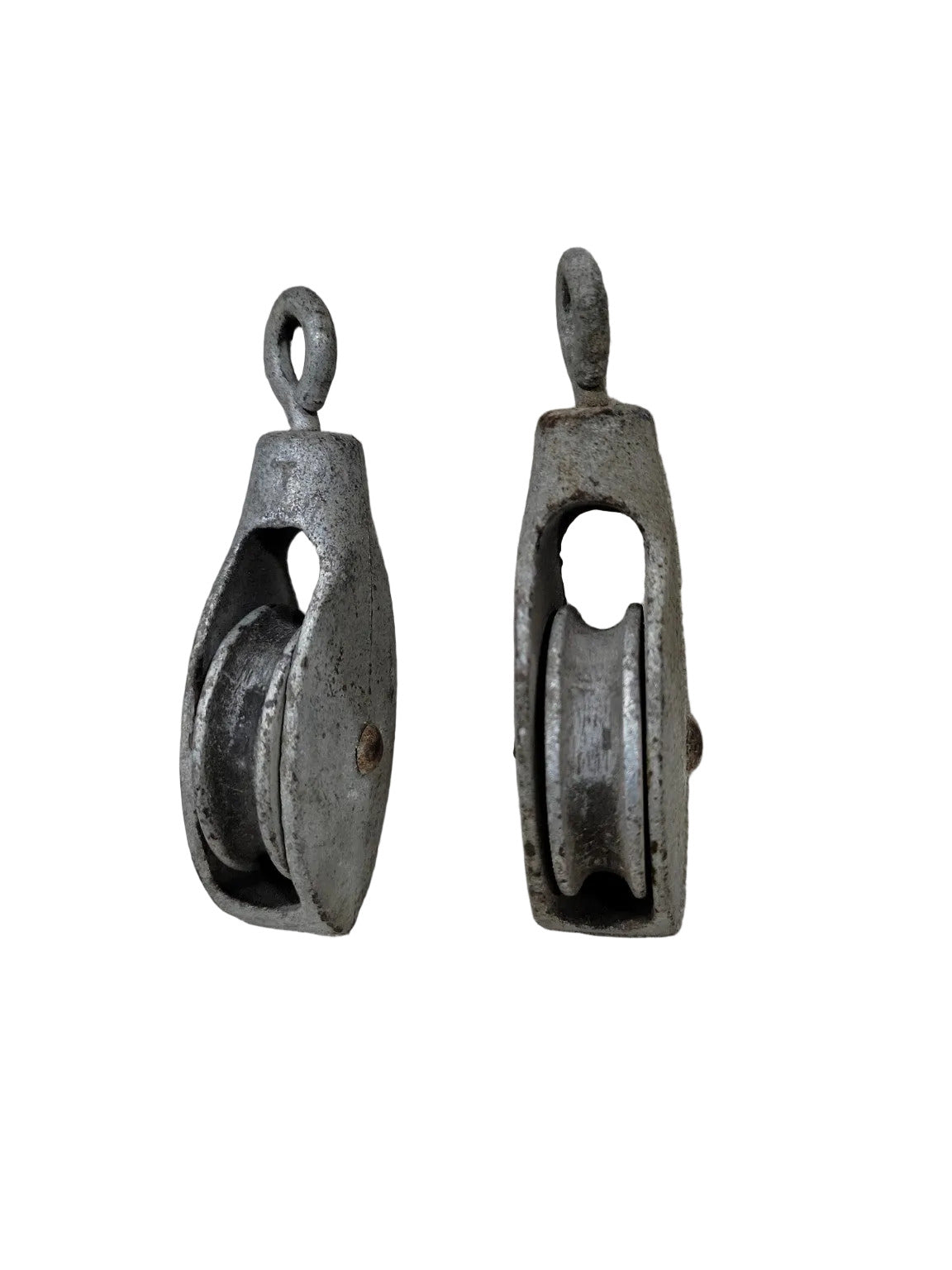 Vintage Galvanized Metal Single-Sheave Pulleys — Set of 2