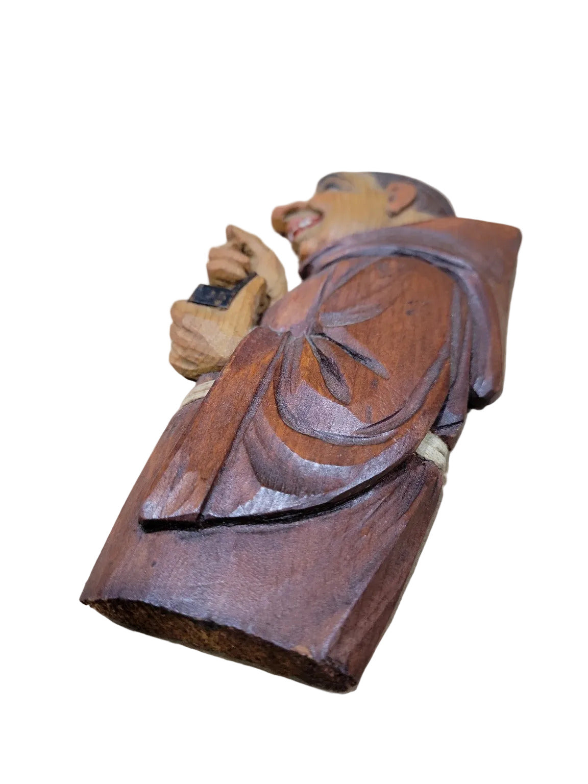 Hand-Carved Wooden Monk Wall Plaque with Book (3" x 6")