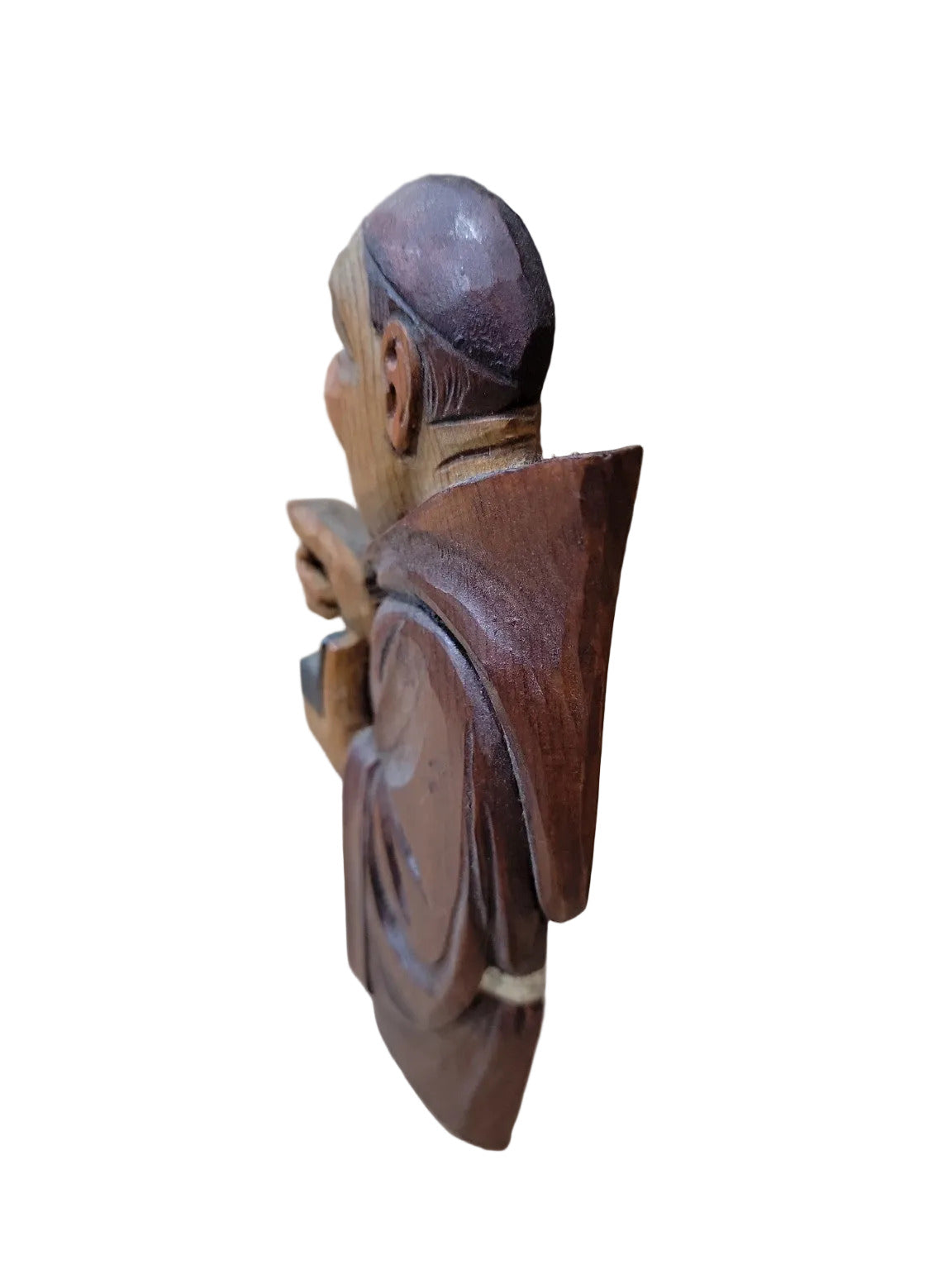 Hand-Carved Wooden Monk Wall Plaque with Book (3" x 6")