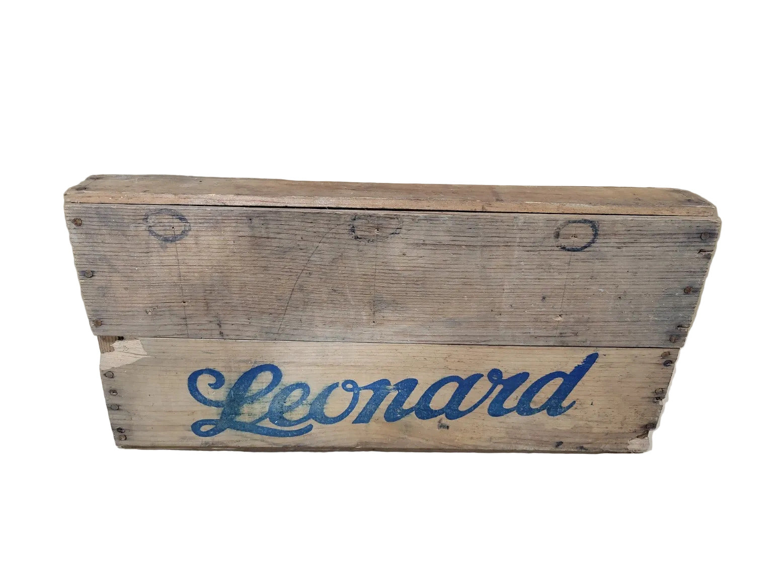 Vintage Leonard Wooden Crate Tray – Blue Script Branding