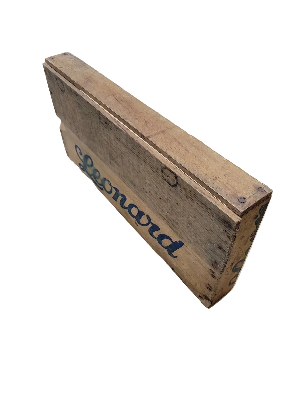 Vintage Leonard Wooden Crate Tray – Blue Script Branding