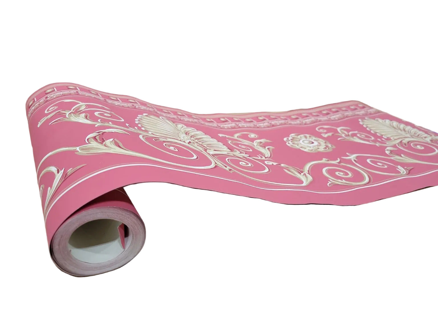 Vintage Ornate Wallpaper Border – Pink & Cream Scroll Motif (13 ½" Height)