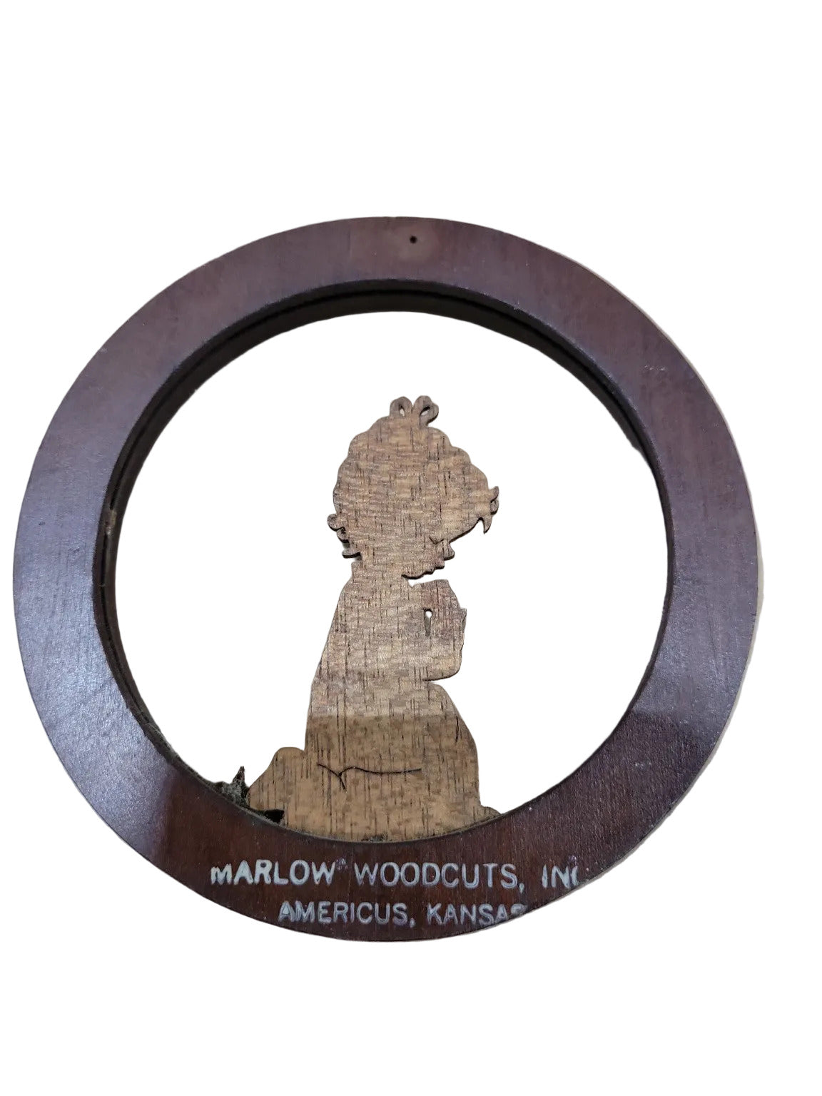 Vintage Marlow Woodcuts Silhouette Wall Plaque – Praying Child, Round Wood Frame