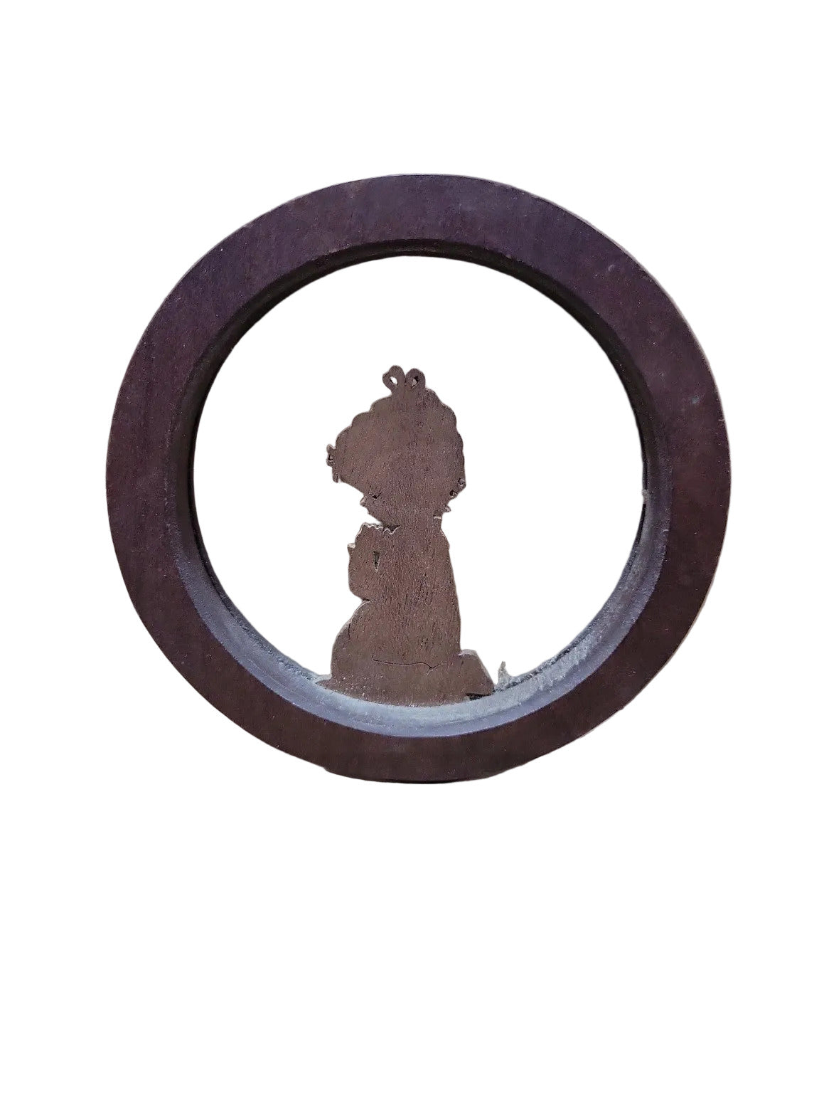 Vintage Marlow Woodcuts Silhouette Wall Plaque – Praying Child, Round Wood Frame