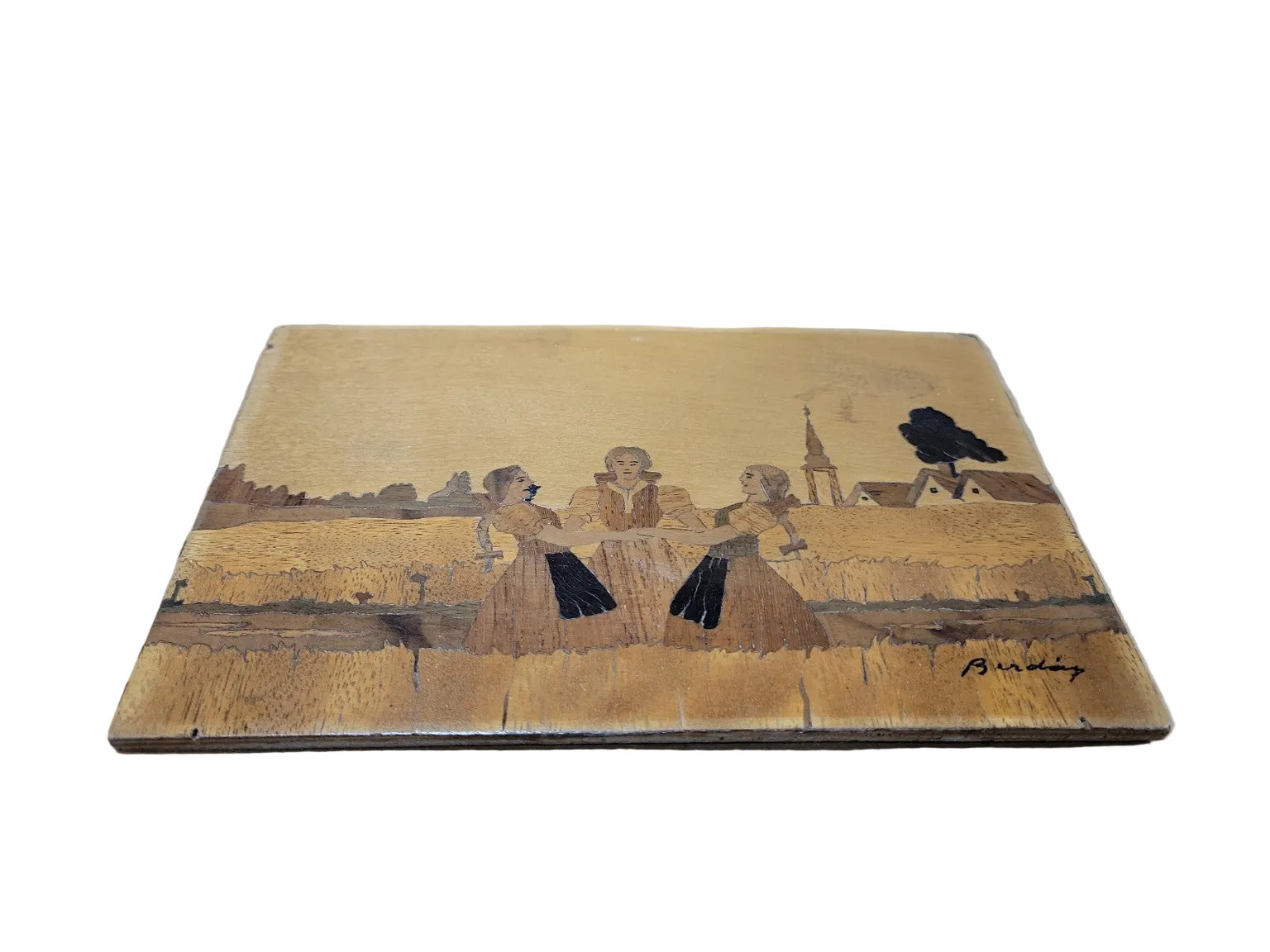 Hand-Painted Folk Art Wooden Panel – Rural Dance Scene