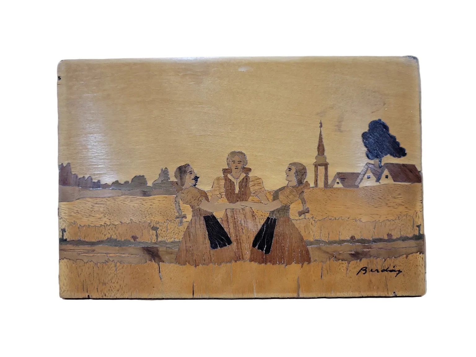 Hand-Painted Folk Art Wooden Panel – Rural Dance Scene