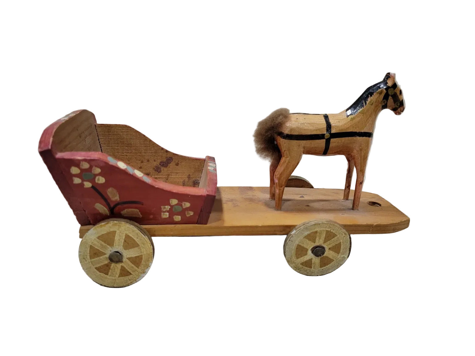 Vintage Hand-Painted Wooden Horse Pull Toy Wagon