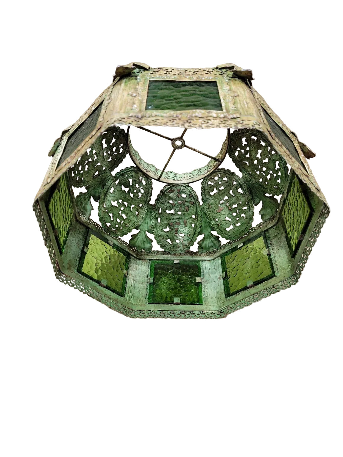 Vintage Ornate Metal & Green Glass Lamp Shade