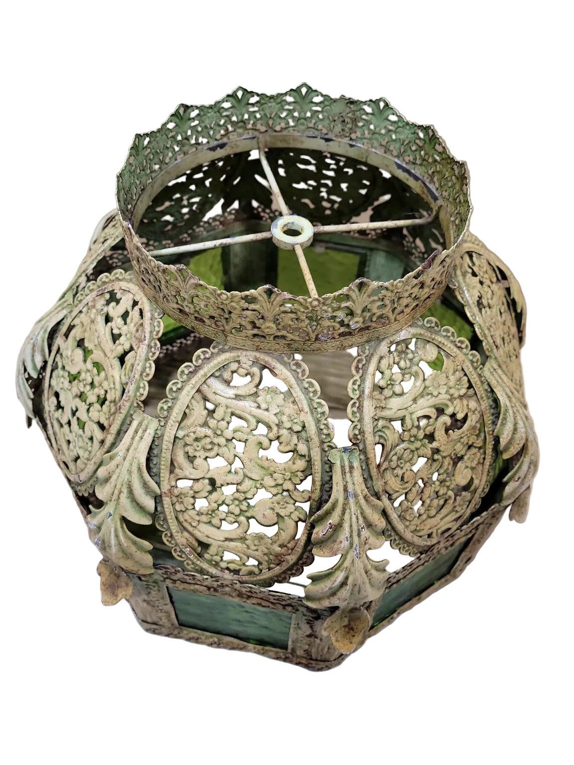 Vintage Ornate Metal & Green Glass Lamp Shade