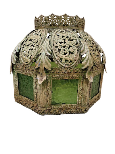 Vintage Ornate Metal & Green Glass Lamp Shade