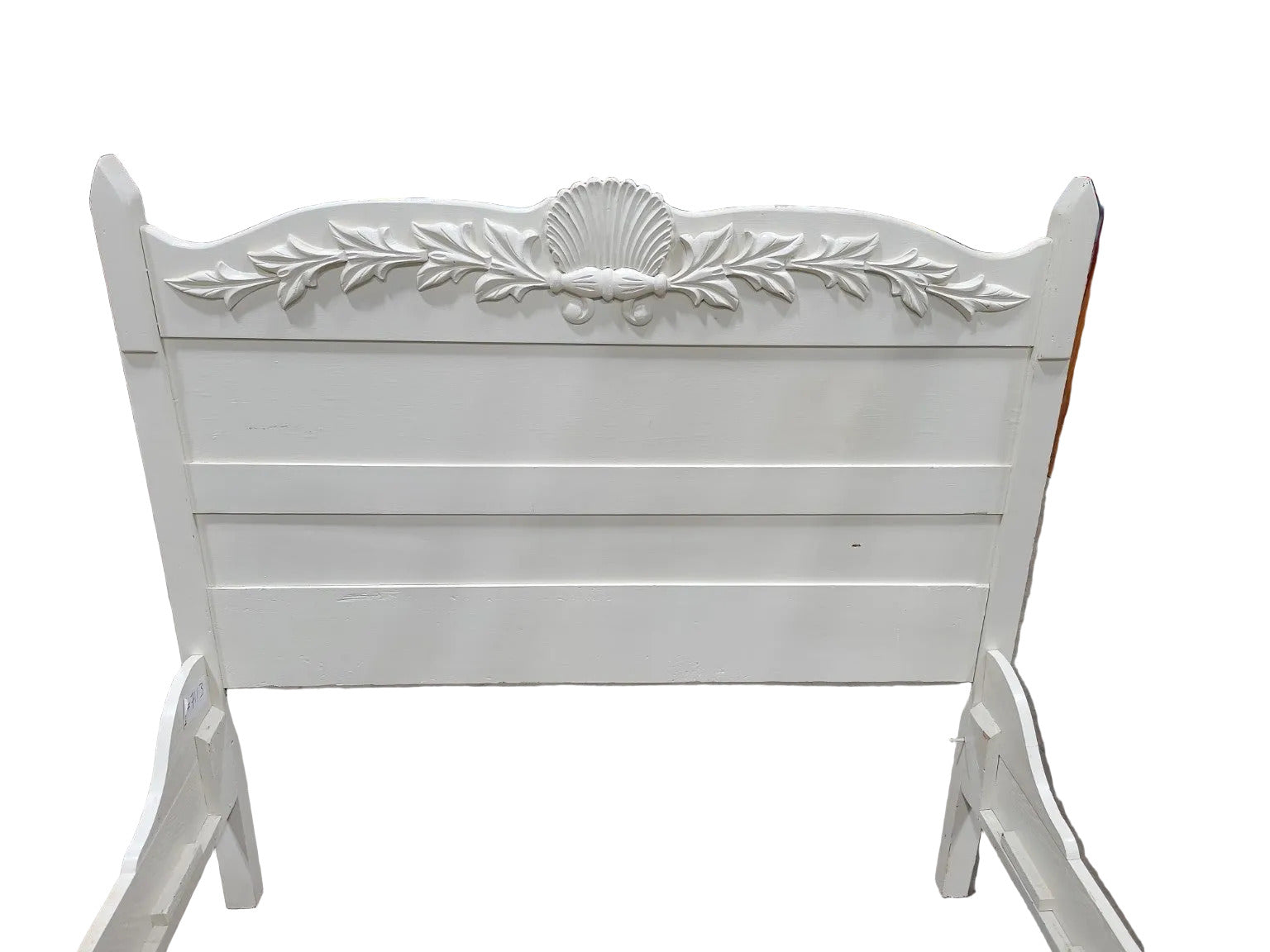 Vintage Full Size Wood Bed Frame with Carved Shell Crest – Painted White