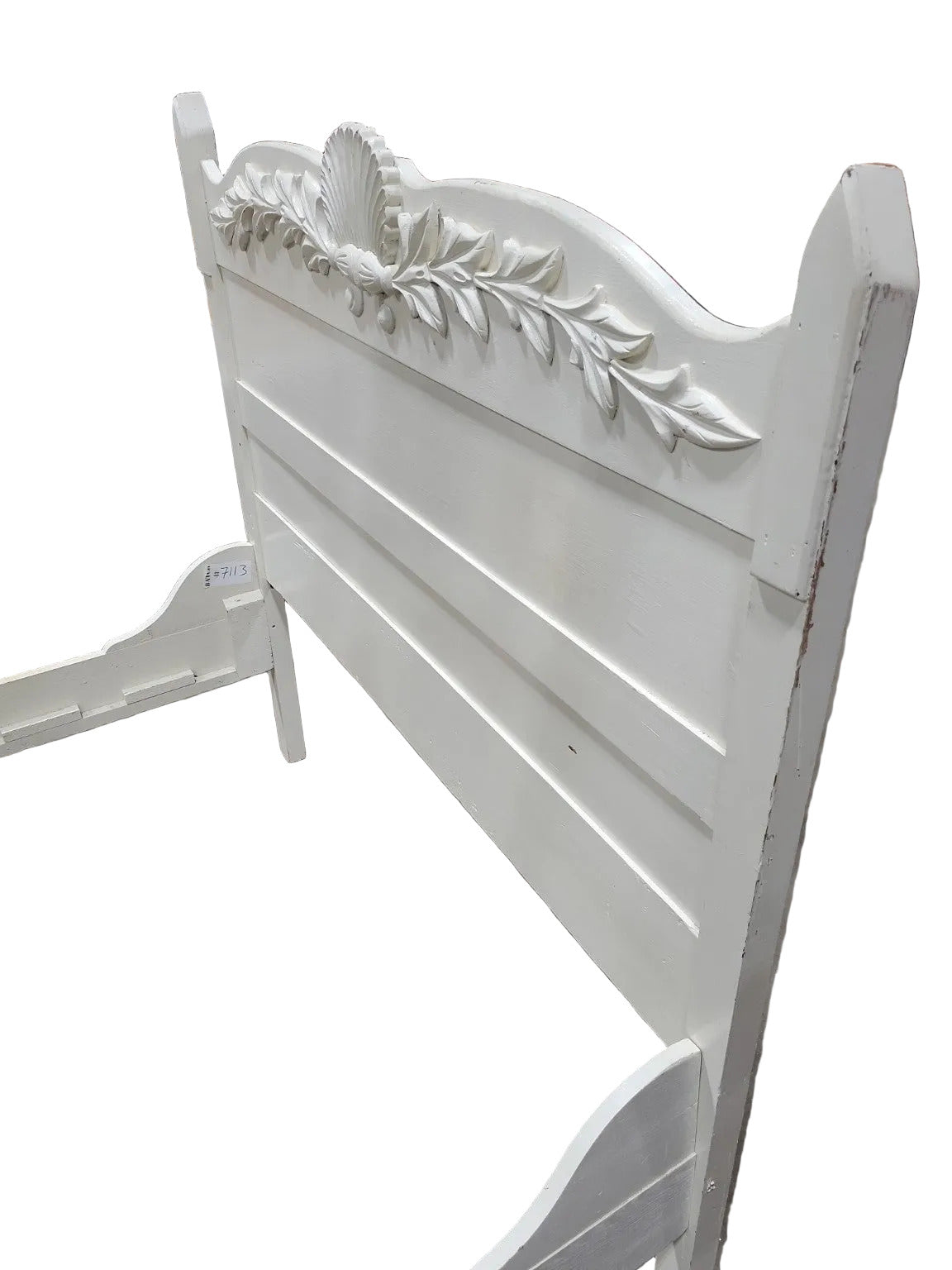 Vintage Full Size Wood Bed Frame with Carved Shell Crest – Painted White