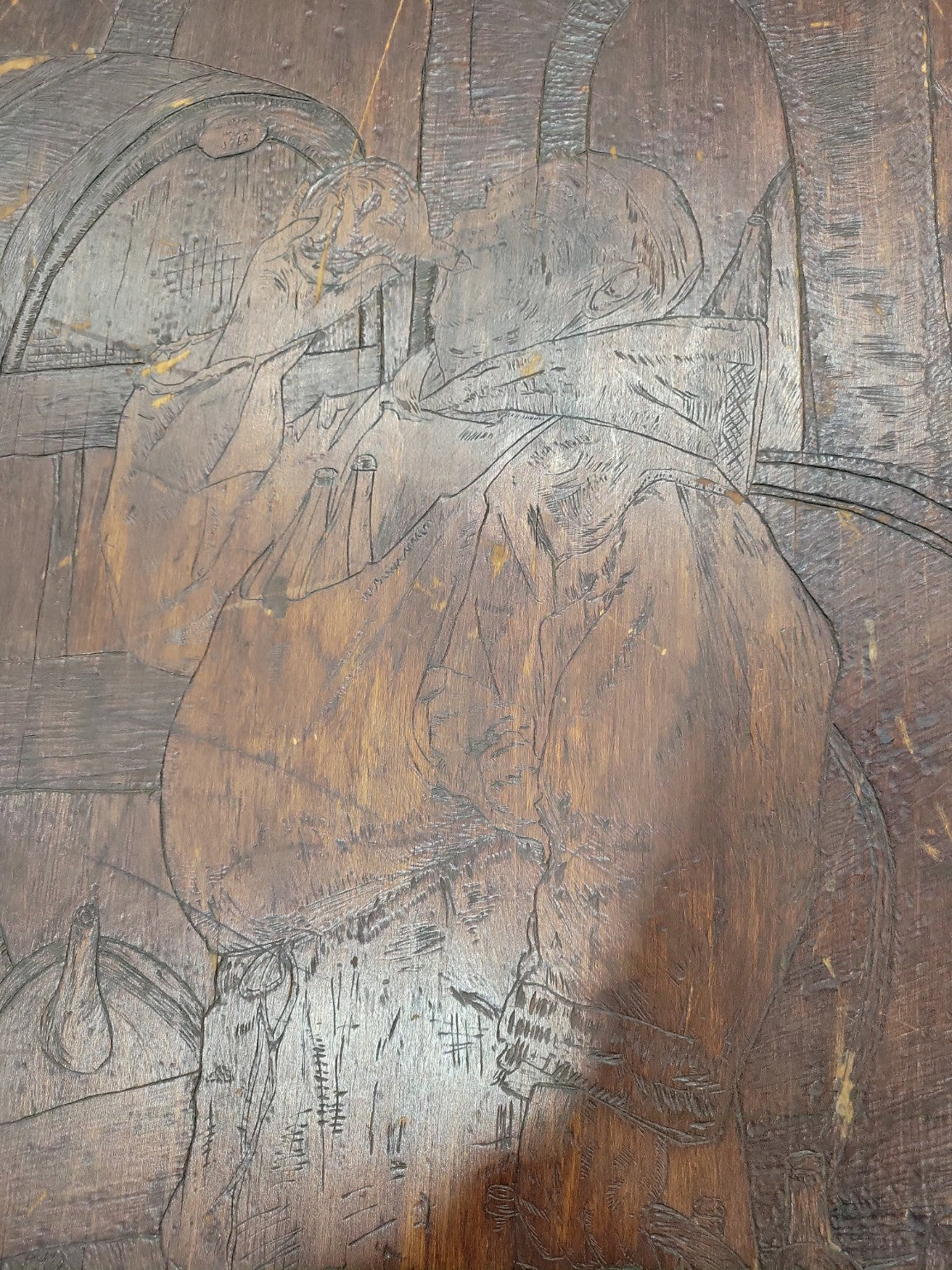 Folk Art Style Carved Wooden Panel – “Monks in the Cellar” – Dated 1865 (Reproduction)