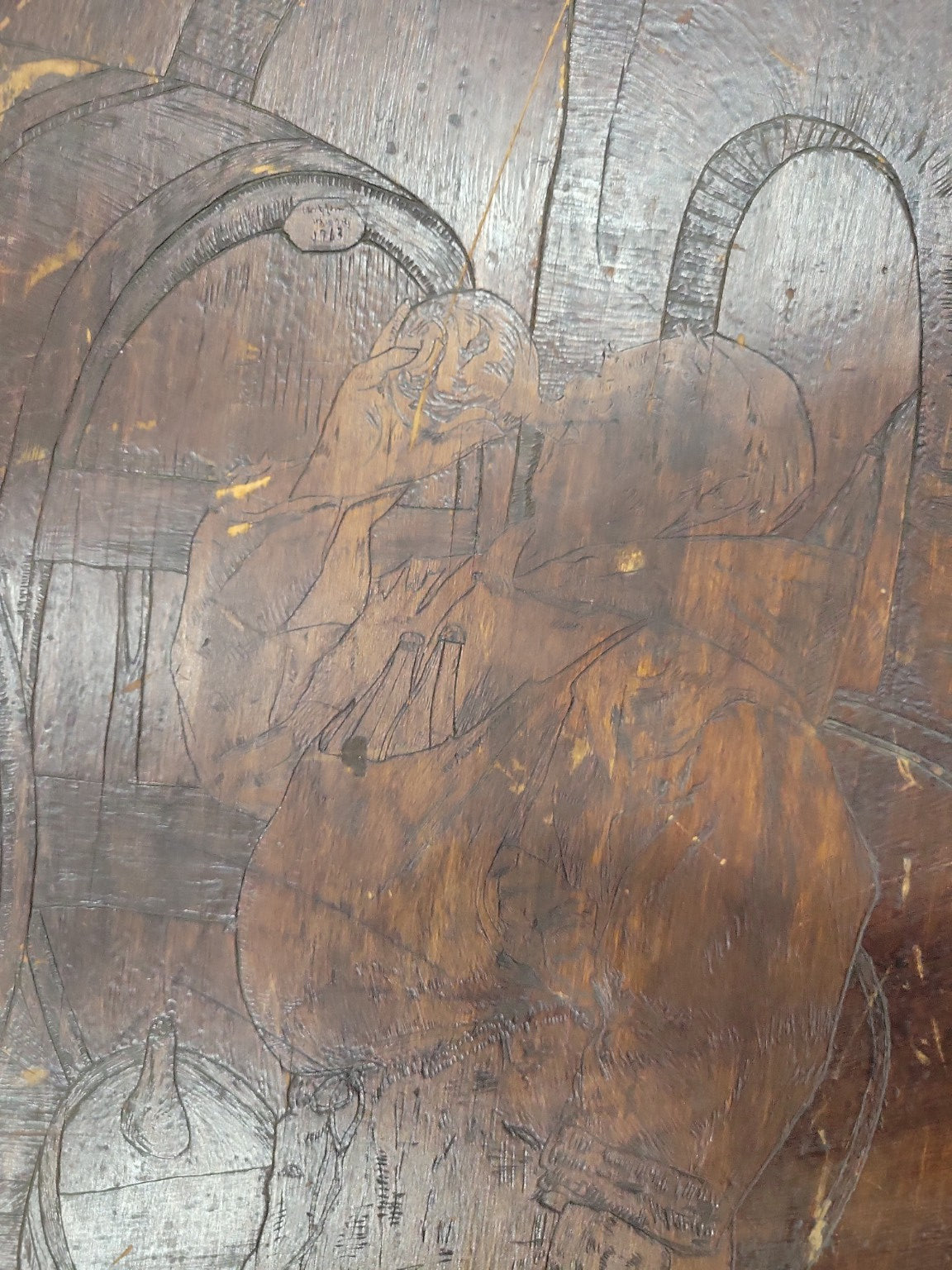 Folk Art Style Carved Wooden Panel – “Monks in the Cellar” – Dated 1865 (Reproduction)