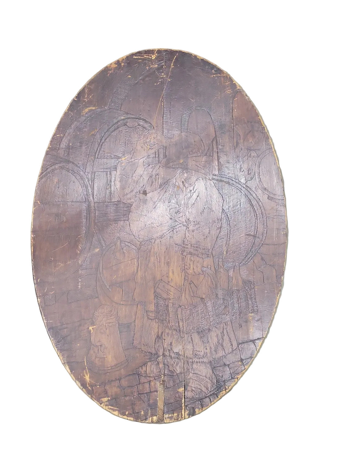 Folk Art Style Carved Wooden Panel – “Monks in the Cellar” – Dated 1865 (Reproduction)