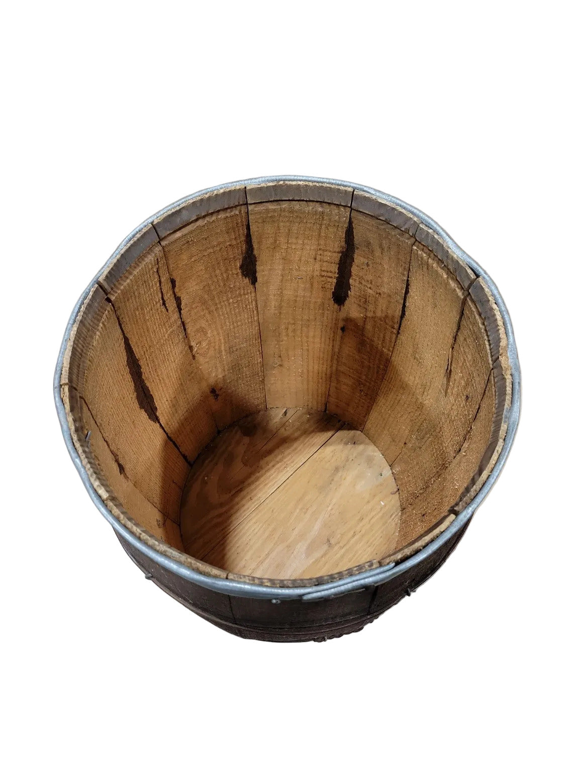 Antique Wooden Slat Barrel with Metal Bands – 18 ¼" H