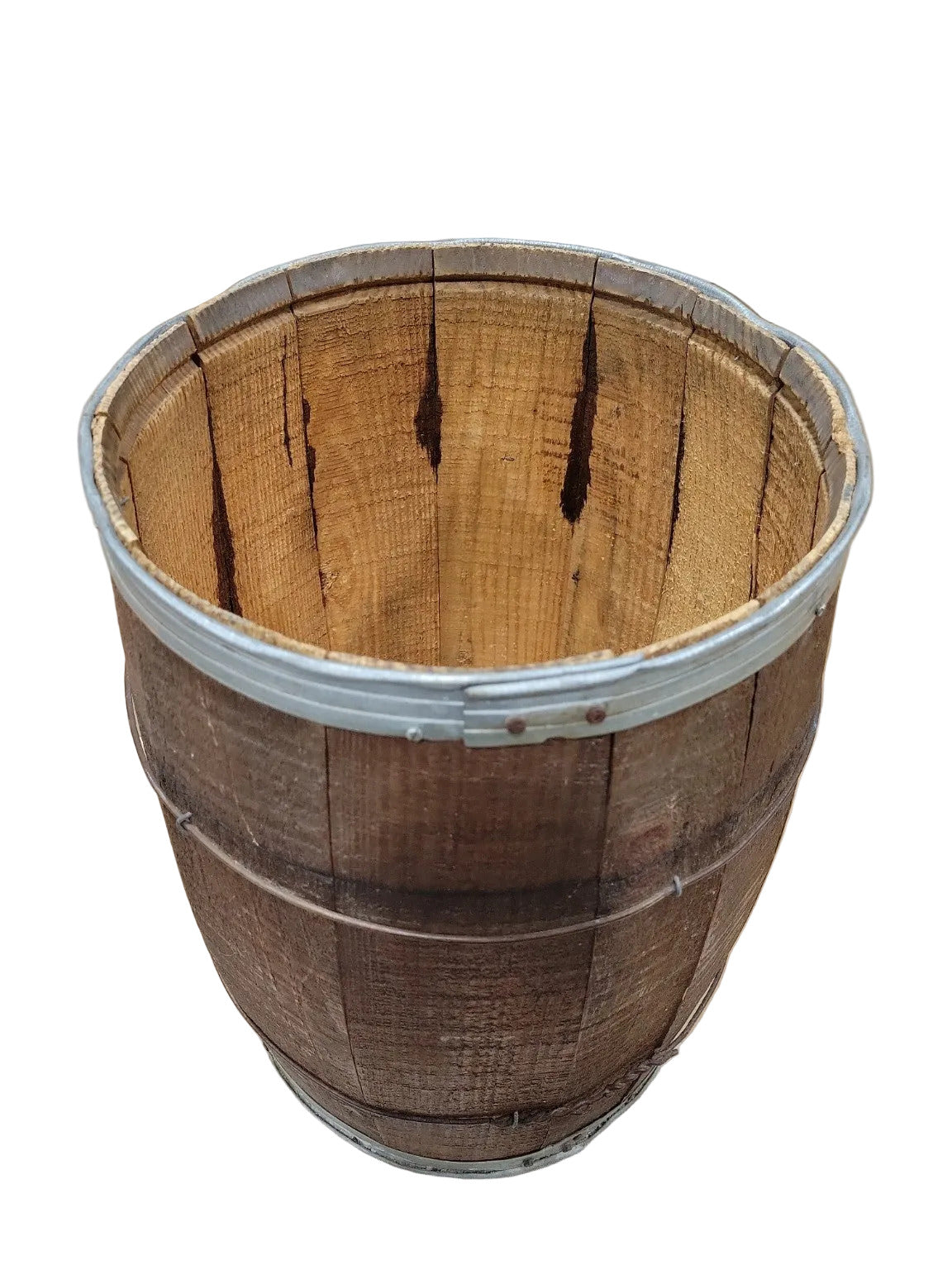 Antique Wooden Slat Barrel with Metal Bands – 18 ¼" H