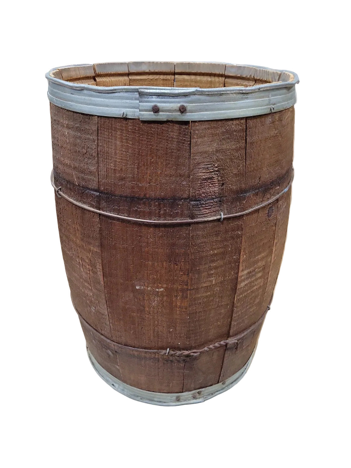 Antique Wooden Slat Barrel with Metal Bands – 18 ¼" H