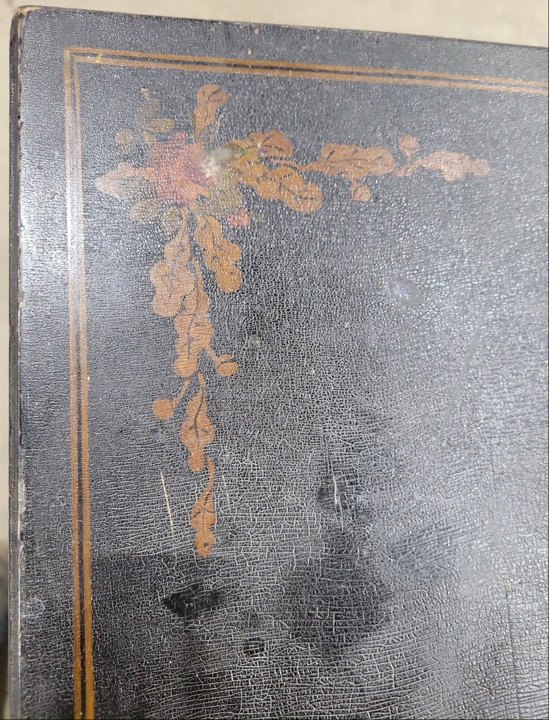 Vintage Black Painted Writing Desk with Floral Detail – Single Drawer