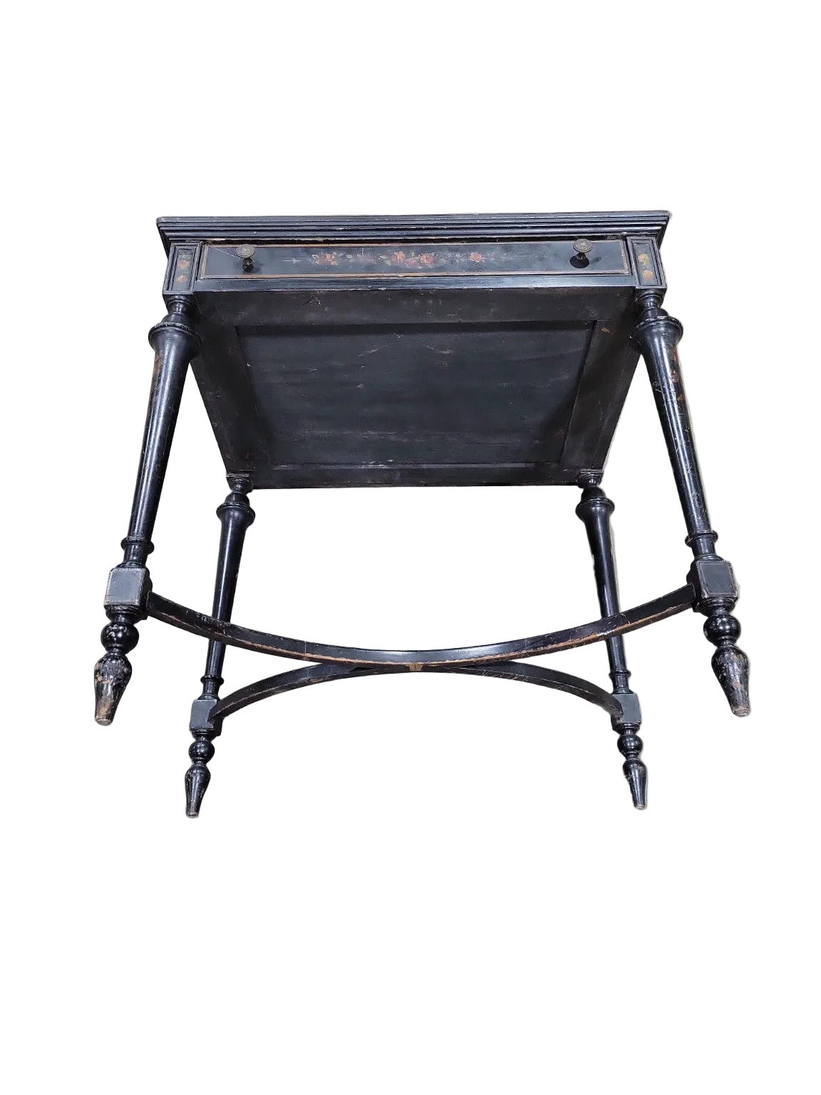 Vintage Black Painted Writing Desk with Floral Detail – Single Drawer