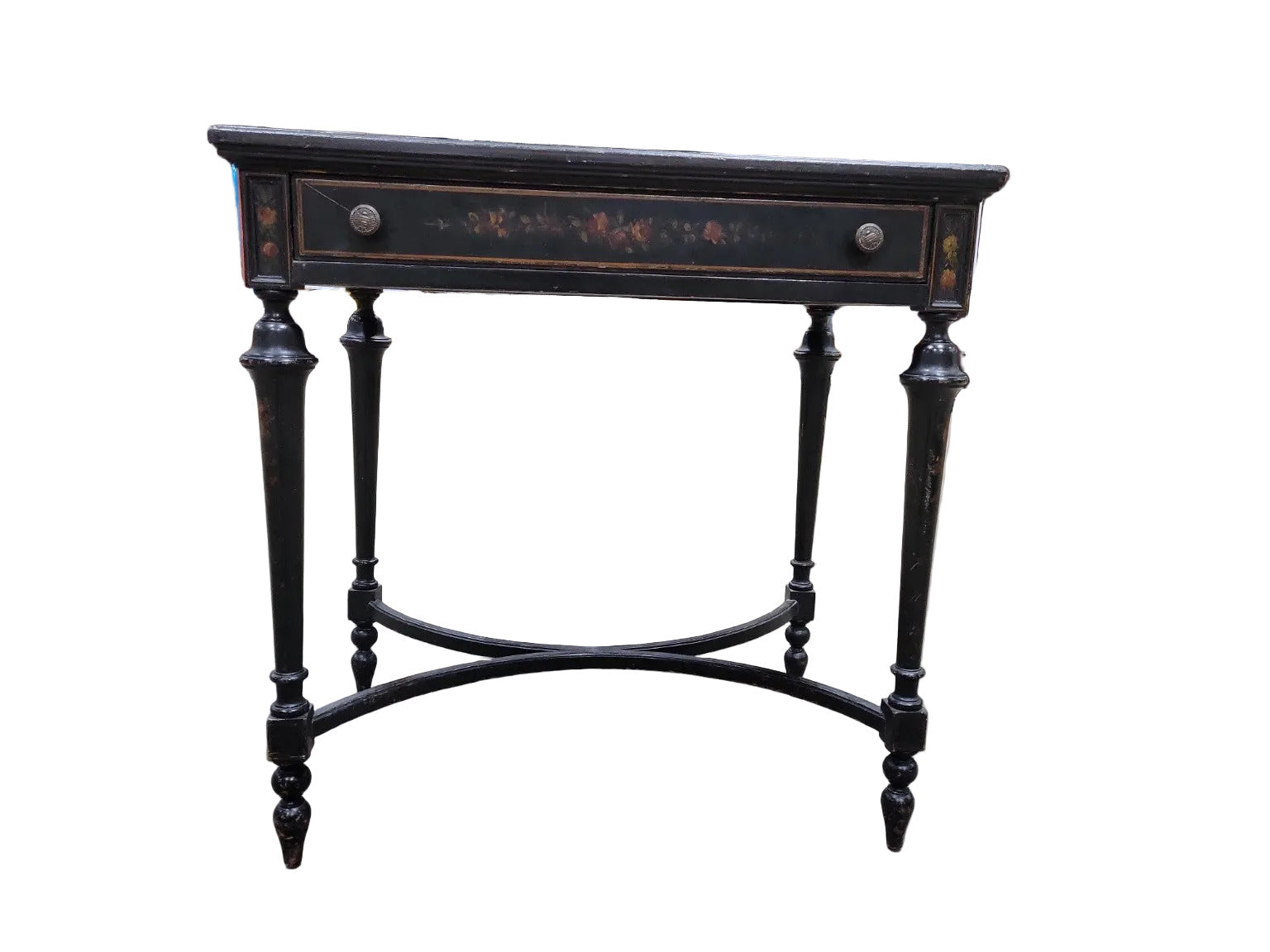 Vintage Black Painted Writing Desk with Floral Detail – Single Drawer
