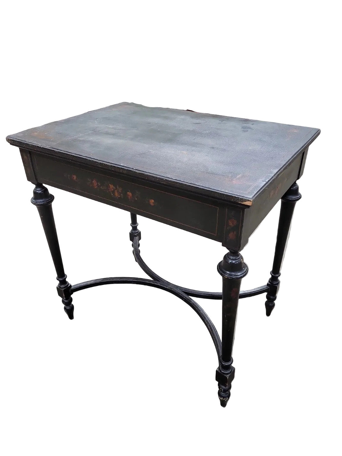 Vintage Black Painted Writing Desk with Floral Detail – Single Drawer