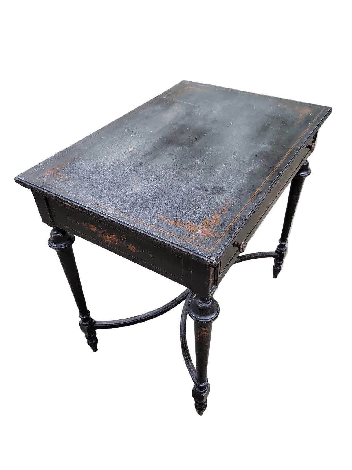 Vintage Black Painted Writing Desk with Floral Detail – Single Drawer