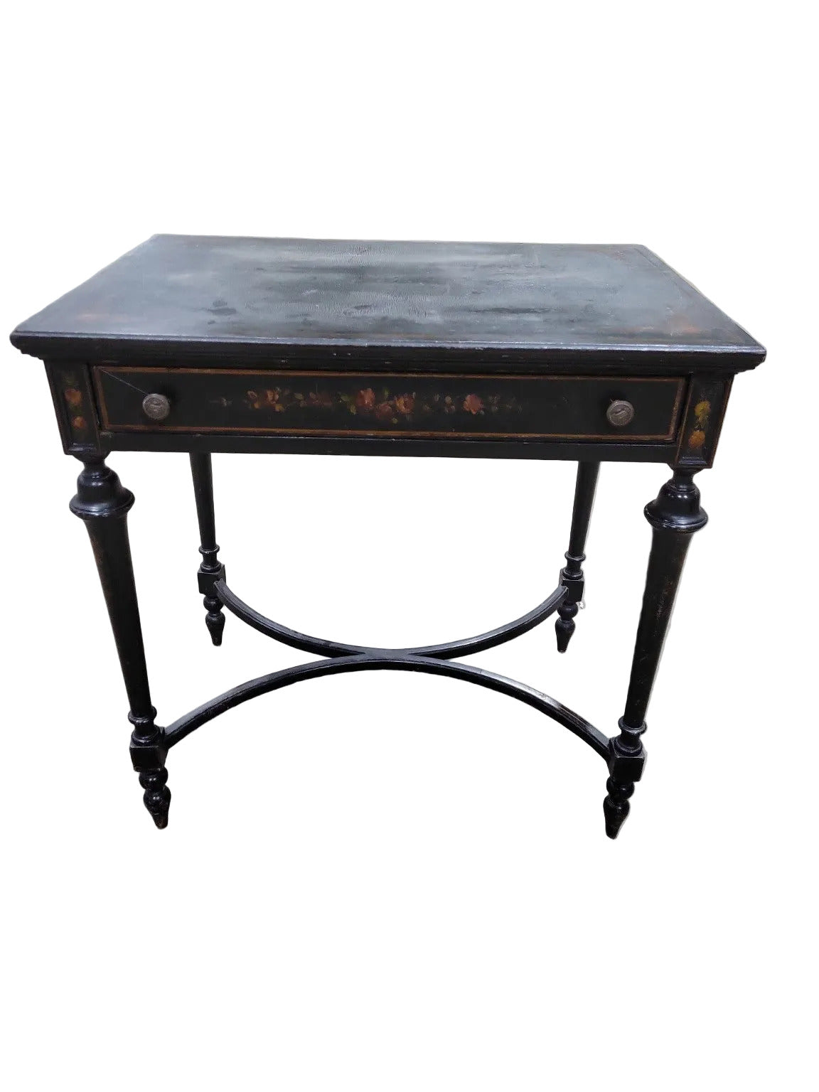 Vintage Black Painted Writing Desk with Floral Detail – Single Drawer