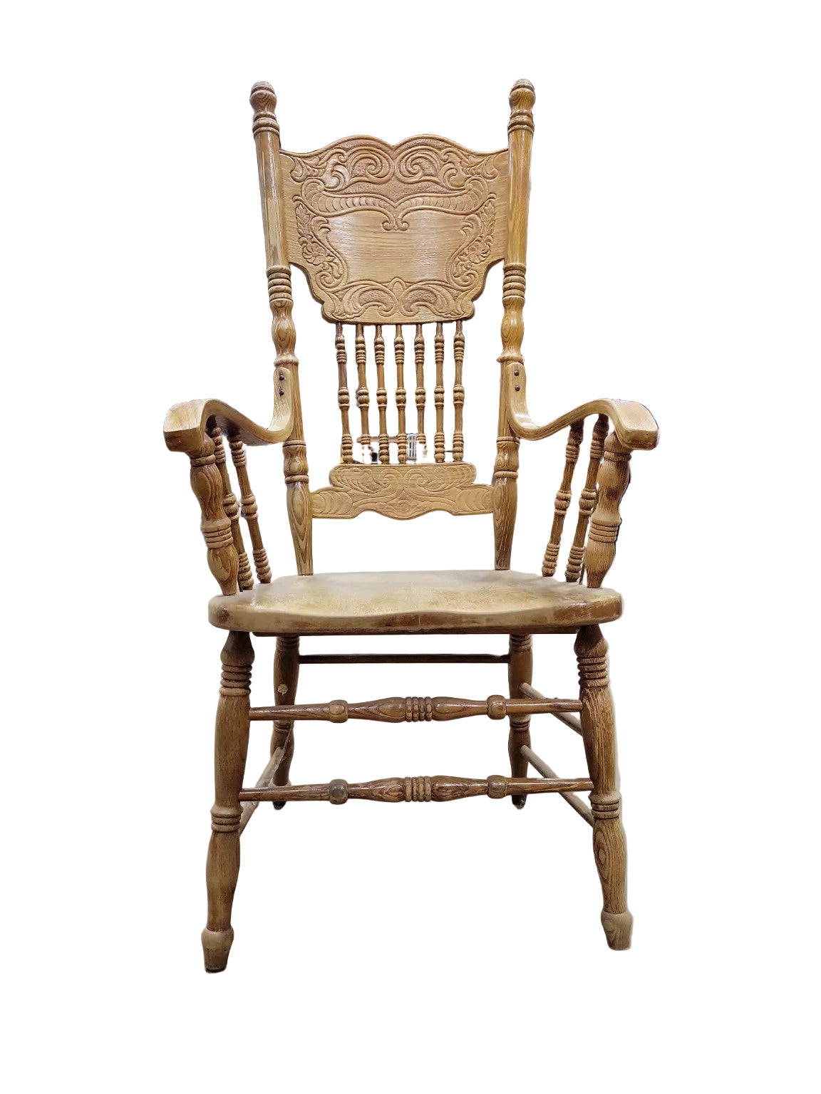 Vintage Oak Pressback Armchair – Carved High Back