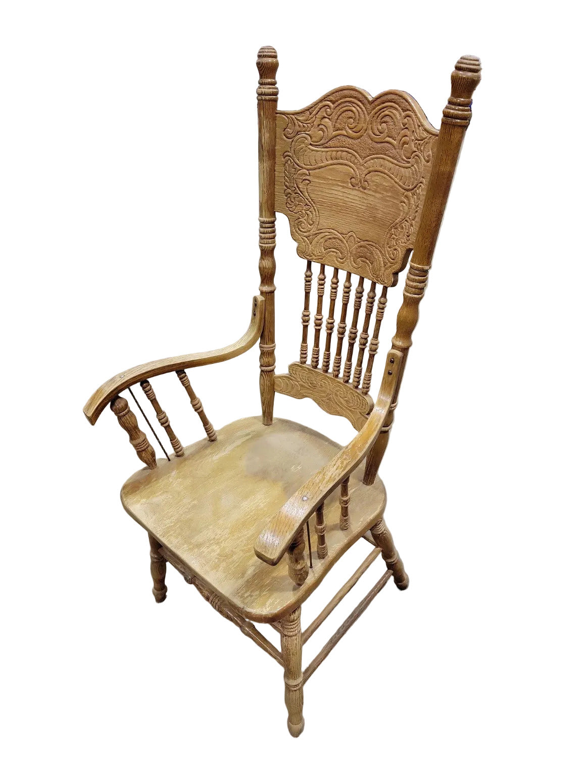 Vintage Oak Pressback Armchair – Carved High Back
