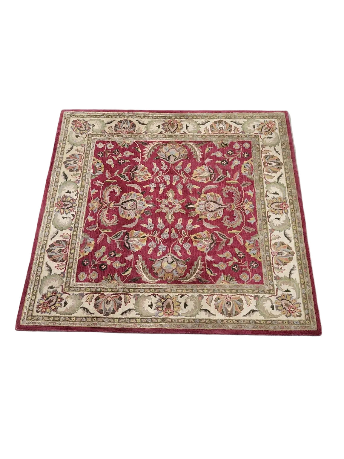 Handmade Indian Wool Area Rug with Felt Rug Pad – Red Floral 8’ x 8’ Set