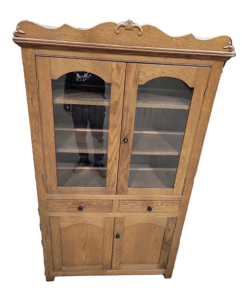 Antique Oak Two-Door Glass Display Cabinet – Beadboard Back